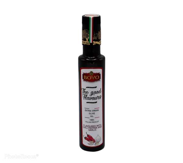 Bottle of extra virgin  olive oil flavoured with chili pepper and garlic 0,25 liter