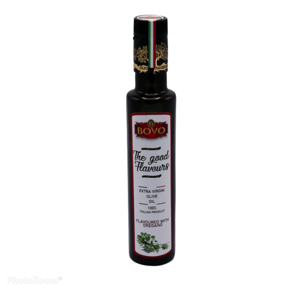 Bottle of extra virgin olive oil flavoured with oregano 0,25 liter